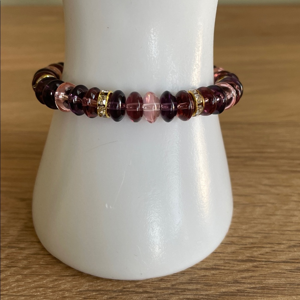 HAND CRAFTED DEEP PURPLE & LAVENDER STRETCH BRACELET Glass Rondelles Beaded